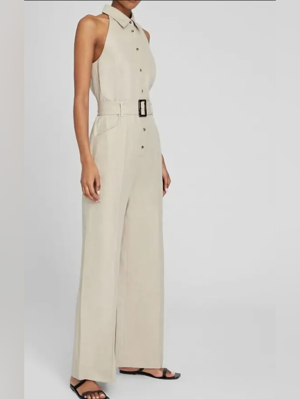 Club Monaco Sleeveless Wide-Leg Belted Jumpsuit in Almond. Size 10.Meghan Markle